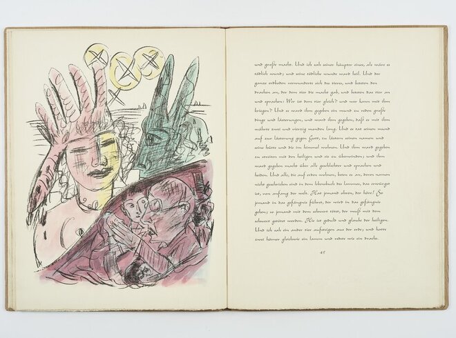 Max Beckmann, kolorierte Lithografie aus: Apokalypse, Die Offenbarung Sankt Johannis, Frankfurt a. M.: Bauerschen Gießerei, 1943
