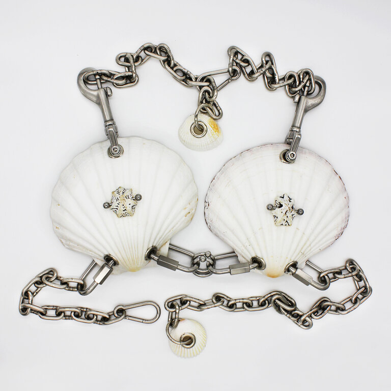 Eine Kette mit zwei großen, weißen Muscheln in form eines BHs