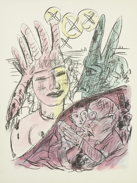 Max Beckmann, kolorierte Lithografie aus: Apokalypse, Die Offenbarung Sankt Johannis, Frankfurt a. M.: Bauerschen Gießerei, 1943; Foto: GRASSI Museum für Angewandte Kunst Leipzig