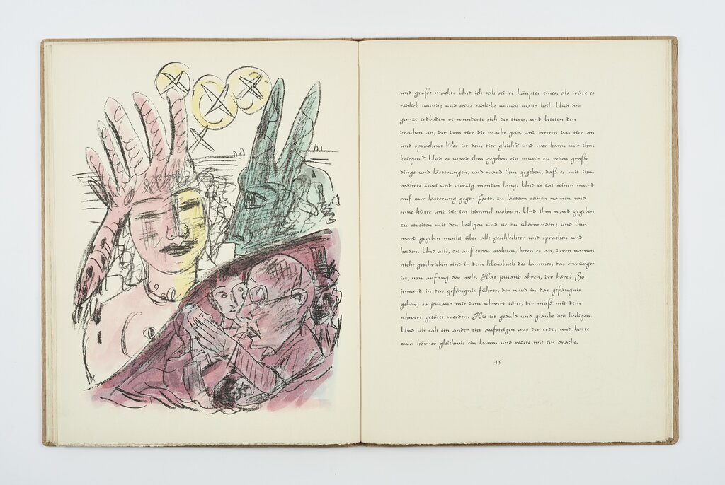 Max Beckmann, kolorierte Lithografie aus: Apokalypse, Die Offenbarung Sankt Johannis, Frankfurt a. M.: Bauerschen Gießerei, 1943; Foto: GRASSI Museum für Angewandte Kunst Leipzig