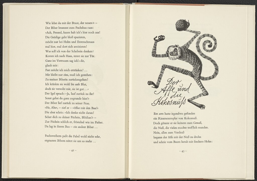 Werner Klemke, Der Affe und die Kokosnuss aus: Sergej Michalkow, Der Löwe und der Hase. Fabeln. Berlin: Holz 1955.